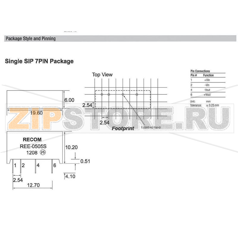 Преобразователь DC/DC, печатный монтаж, 5 В/DC, 200 mA, 1 Вт Recom REE-0505S 
