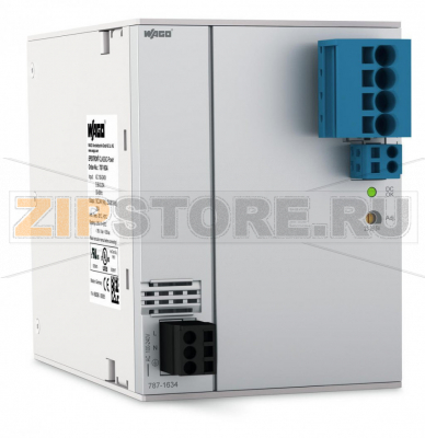 Switched-mode power supply; Classic; 1-phase; 24 VDC output voltage; 20 A output current; TopBoost; DC OK contact Wago 787-1634/000-070 Features:Switched-mode power supplyNatural convection cooling when horizontally mountedEncapsulated for use in control cabinetsDC OK contactSuitable for both parallel and series operationElectrically isolated output voltage (SELV) per EN 60950-1/UL 60950-1; PELV per EN 60204Coated PCBs (with Bectron PL 1104 or Voltatex 2010), resistant to flowing mixed gas per ISA S71.04:1985, G3 Group A...