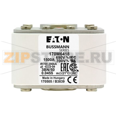 Предохранитель, 1500 A, AC 690 В, 200 кА, size 3, aR, IEC UL Eaton FUSE 1500A 690V 3BN/50 AR UC 