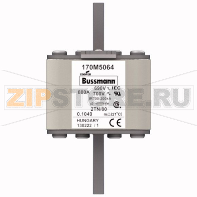 Предохранитель, 800 A, AC 690 В, 200 кА, 2, 61x75x108 мм, aR, DIN, IEC Eaton FUSE 800A 690V 2TN 