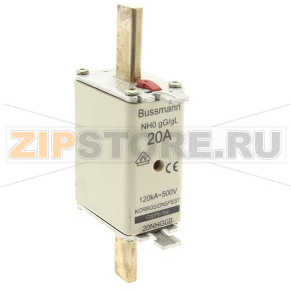 Предохранитель, 20 A, AC 500 В, 120 кА, NH0, gL/gG, IEC Eaton NH FUSE 20A 500V GL/GG SIZE 0 DUAL IN 