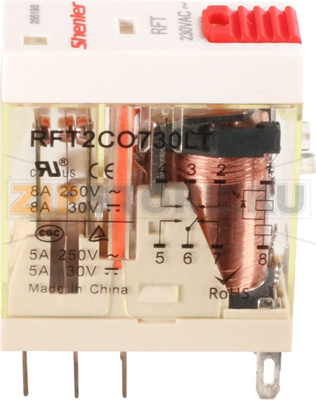 Реле миниатюрное (2CO), 8A, AC 230V с LED индикацией и кнопкой тест Shenler RFT2CO730LT 