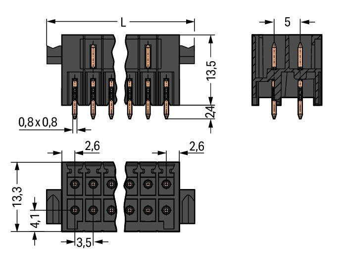 MCS MINI HD Вилка под пайку THR, 2-рядн.; 0.8 x 0.8 mm solder pin; прямые; 100% защита от неправильного подсоединения; Рычаги; упаковка в ленте на бобине; Шаг контактов 3,5 мм; 2 x 13-полюсов; черные Wago 713-1413/116-000/997-408 Вилки для пайки оплавлением припоя для поверхностного монтажаРазделенные разъемы выводов предотвращают повреждения и обеспечивают вилкам защиту от касания в неподсоединенном состоянии100% защита от неправильного подсоединенияВозможны варианты кодировки...