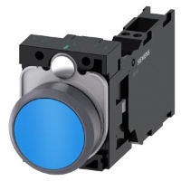 Кнопочный выключатель, 22 мм, кругл., пластмасса с металлическим фронтальным кольцом, цвет: синий, кнопка, плоск., нажатием на кнопку, с держателем 1 НО + 1 НЗ, пружинная клемма Siemens 3SU1130-0AB50-3FA0