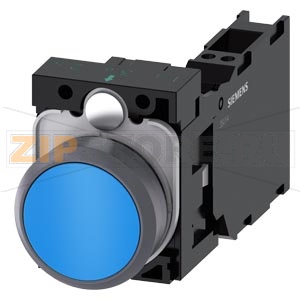 Кнопочный выключатель, 22 мм, кругл., пластмасса с металлическим фронтальным кольцом, цвет: синий, кнопка, плоск., нажатием на кнопку, с держателем 1 НО + 1 НЗ, пружинная клемма Siemens 3SU1130-0AB50-3FA0 