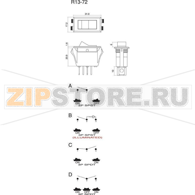 Переключатель клавишный 250 В/AC, 10 А, 1 x вкл/вкл, 1 шт SCI R13-72C-01 