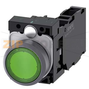 КНОПКА С ПОДСВЕТКОЙ, 22MM, КРУГЛАЯ,  ПЛАСТИК С МЕТАЛЛИЧЕСКИМ ФРОНТАЛЬНЫМ КОЛЬЦОМ, ЗЕЛЁНАЯ, ПЛОСКАЯ КНОПКА, КОНТАКТЫ МГНОВЕННОГО ДЕЙСТВИЯ, С ДЕРЖАТЕЛЕМ, 1NO+1NC, МОДУЛЬ ПОДСВЕТКИ С ИНТЕГРИРОВАННЫМ СВЕТОДИОДОМ 230V AC, ВИНТОВЫЕ КЛЕММЫ Siemens 3SU1136-0AB40- 