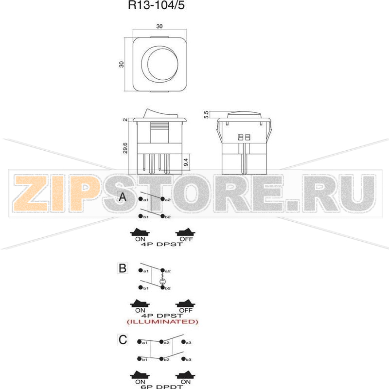 Переключатель клавишный 250 В/AC, 10 А, 1 x вкл/вкл, 1 шт SCI R13-104C-01 