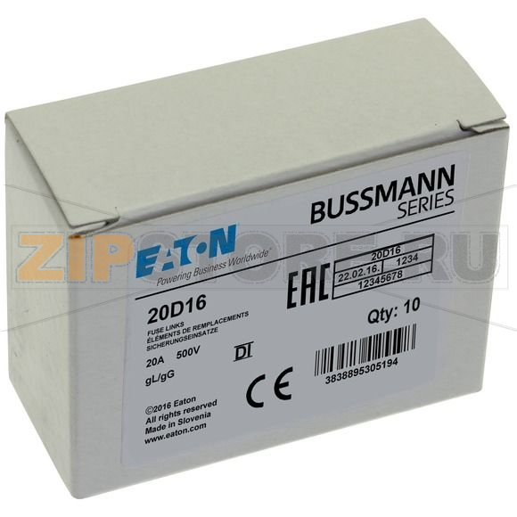Предохранитель, 20 A, AC 500 В, 50 кА, D1, 13.2x6 мм, gL/gG, IEC с задержкой Eaton FUSE-D1 20A T 