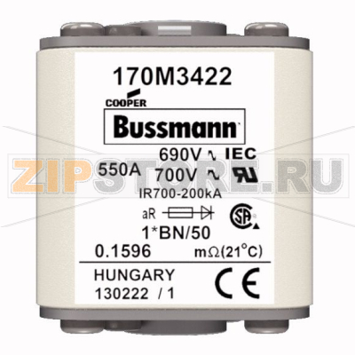 Предохранитель, 550 A, AC 690 В, 200 кА, size 1, 45x59x51 мм, aR, IEC UL Eaton FUSE 550A 690V 