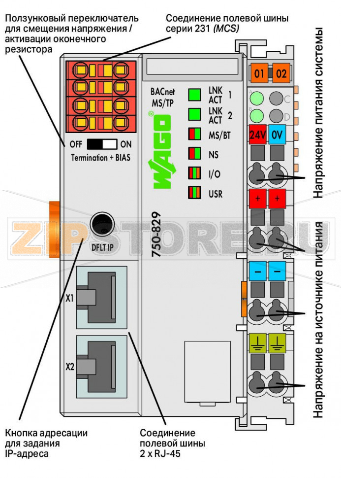 Контроллер BACnet MS/TP; светло-серые Wago 750-829 The BACnet MS/TP Controller (750-829) connects the WAGO I/O System to the BACnet protocol and supports the B?BC BACnet device profile per DIN EN ISO 16484?5. It communicates with other BACnet devices via BACnet MS/TP.The controller provides the three following functionalities:1. Native server: For each channel, appropriate BACnet objects are generated automatically for the digital and analog I/O modules that are connected to the controller.2. Application server: Other supported BACnet objects can be created via IEC 61131?3 programming environment and made available to a BACnet network.3. Application client: Using the client functionality, objects and their properties can be accessed by other BACnet devices....