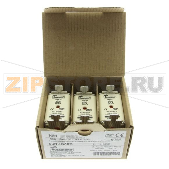 Предохранитель, 63 A, AC 500 В, 120 кА, NH00, gL/gG, IEC Eaton NH FUSE 63A 500V GG SIZE 