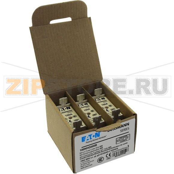 Предохранитель, 100 A, AC 500 В, 120 кА, NH000, gL/gG, IEC Eaton NH FUSE 100AMP 500V SIZE 000 GG MG 