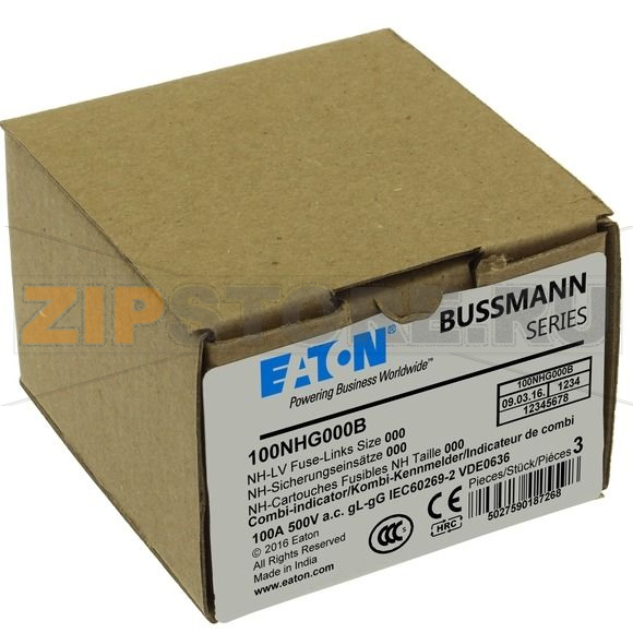 Предохранитель, 100 A, AC 500 В, 120 кА, NH000, gL/gG, IEC Eaton NH FUSE 100AMP 500V SIZE 000 GG MG 