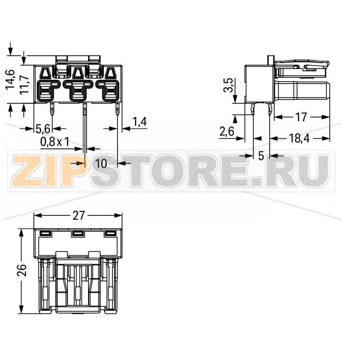 Розетка для печатных плат; угловые; 3-пол.; Код. B; серые Wago 770-843/011-000/060-000 Protected against mismating and maintenance-freePush-in CAGE CLAMP® spring pressure connection technology allows solid conductors to be simply pushed into a unit.Two wire connections per pole for loops or bridgesAdditional variable coding is possible.Components can be clearly printed on and color-coded to meet custom requirements....
