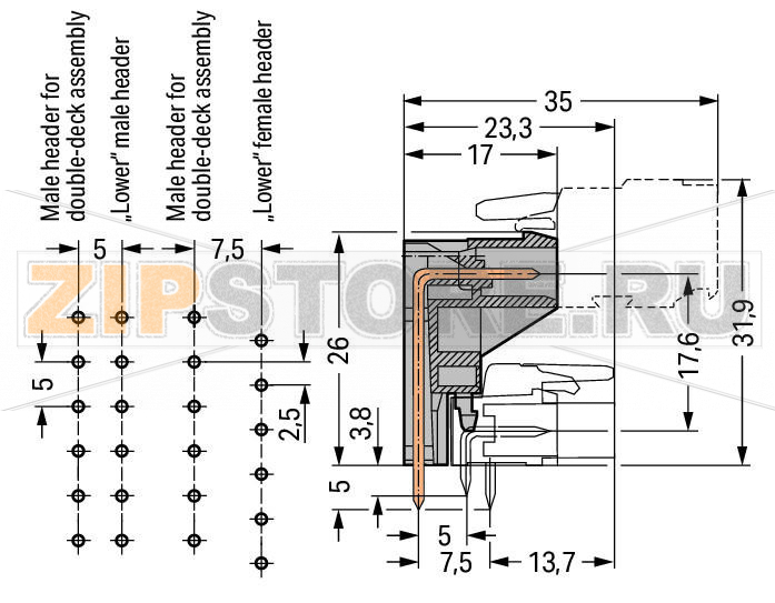 MCS MIDI Classic Вилка THT для двухуровневого монтажа; 1.0 x 1.0 mm solder pin; угловые; Шаг контактов 5 мм; 4-пол.; серые Wago 232-334 Вилки для двухуровневой сборки обеспечивают высокую плотность монтажа в системе "провод-плата"Горизонтальный монтаж на печатные платыДвухуровневая конструкция позволяет размещать вилки или розетки с угловыми выводами под пайку на нижнем уровнеВозможны варианты кодировки...
