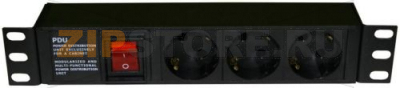 Hyperline SHE10-3SH-S-IEC Блок розеток для 10&quot; шкафов, горизонтальный, с выключателем с подсветкой, 3 розетки Schuko (10А), 250В, без кабеля питания, входная розетка IEC 60320 C14, 254х44.4х44.4мм (ШхВхГ) 