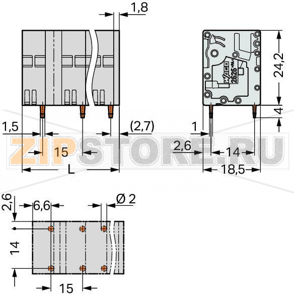 Клемма на печатную плату; 3; Шаг контактов 15 мм; 2-пол.; Push-in CAGE CLAMP®; 6,00 mm; серые Wago 2626-3452 Клеммные?колодки?с?зажимами?Push-in CAGE CLAMP®,?приводимыми?в?действие?при?помощи?нажимных?кнопокЗажим одножильных проводников и тонкожильных проводников с наконечниками путем вставкиНажимные кнопки, открывающие зажим с минимальными усилиями, для простого подключения / извлечения тонкопроволочных проводниковУдобный монтаж без использования инструментовИсполнения с тестовыми разъемами и разделителями и без нихДоступны исполнения с индивидуальным внутренним объединением (заводская сборка), например, объединение с заземляющим проводом...
