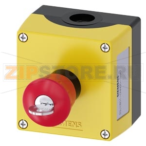 Корпус командных устройств, 22 мм, кругл., материал корпуса: пластмасса, верхняя часть корпуса, цвет: желтый, 1 командный пункт, пластмасса, командный пункт посередине, A = грибковый аварийный выключатель, цвет: красный, с замком Ronis SB30, 40 мм, возвра 