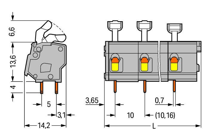 PCB terminal block; push-button; 2.5 mm; Pin spacing 10/10.16 mm; 4-pole; suitable for Ex-e applications; CAGE CLAMP®; commoning option; 2,50 mm; light gray Wago 257-654/000-009/999-950 Клеммные колодки с зажимами CAGE CLAMP®, монтаж с помощью нажимных кнопокУстановите шаг контактов в мм или дюймах либо сжав клеммные колодки плотнее, либо разделяя ихИдеальны для монтажа в полевых условиях благодаря простоте использования при помощи нажимных кнопокУдобный монтаж без использования инструментов...