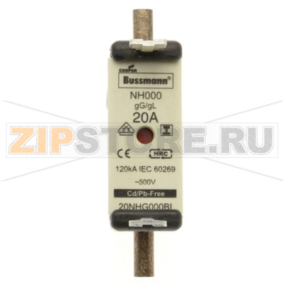 Предохранитель, 20 A, AC 500 В, 120 кА, NH000, gL/gG, IEC Eaton NH FUSE 20AMP 500V SIZE 000 GG IMGL 