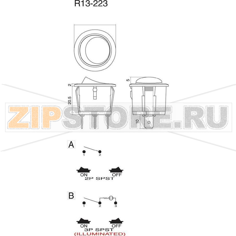 Переключатель клавишный 250 В/AC, 10 А, 1 x выкл/вкл, 1 шт SCI R13-223A-01 