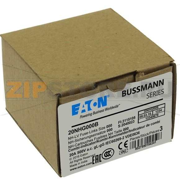 Предохранитель, 20 A, AC 500 В, 120 кА, NH000, gL/gG, IEC Eaton NH FUSE 20AMP 500V SIZE 000 GG MGL 