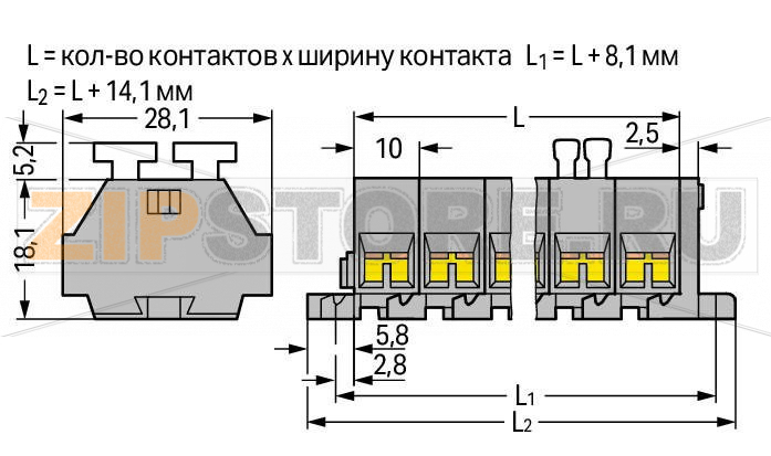4-проводная клеммная колодка; 3-пол.; с обеих сторон с нажимными кнопками; с крепежными фланцами; для винтового или аналогичных типов крепления; Крепежное отверстие 3,2 мм O; 2,5 мм; CAGE CLAMP®; 2,50 mm; серые Wago 261-203/342-000 