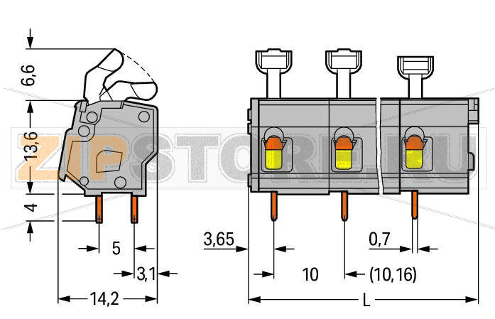 PCB terminal block; push-button; 2.5 mm; Pin spacing 10/10.16 mm; 5-pole; suitable for Ex-e applications; CAGE CLAMP®; commoning option; 2,50 mm; light gray Wago 257-655/000-009/999-950 Клеммные колодки с зажимами CAGE CLAMP®, монтаж с помощью нажимных кнопокУстановите шаг контактов в мм или дюймах либо сжав клеммные колодки плотнее, либо разделяя ихИдеальны для монтажа в полевых условиях благодаря простоте использования при помощи нажимных кнопокУдобный монтаж без использования инструментов...