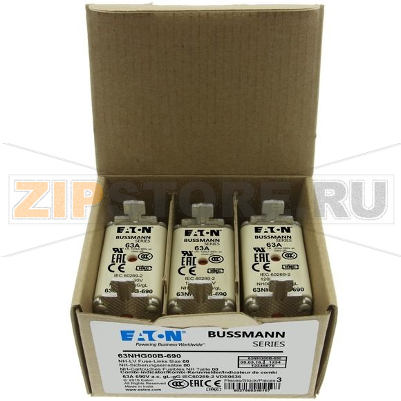 Предохранитель, 63 A, AC 690 В, 120 кА, NH00, gL/gG, IEC Eaton NH FUSE 63A 690V gG SIZE 00 