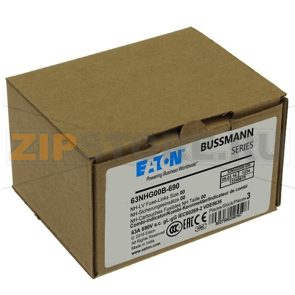 Предохранитель, 63 A, AC 690 В, 120 кА, NH00, gL/gG, IEC Eaton NH FUSE 63A 690V gG SIZE 00 