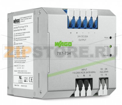 Switched-mode power supply; Eco; 1-phase; 24 VDC output voltage; 20 A output current; DC OK contact; 6,00 mm Wago 787-734 Совместимы с оборудованием класса IЕстественное конвекционное охлаждение при горизонтальной установкеЗаключены в кожух для использования в распределительных шкафахБыстрое подсоединение с помощью приводимых в действие рычагом клемм без использования инструментовБездребезговый коммутирующий контакт (пост.ток OK)Параллельная работаЭлектрически изолированное выходное напряжение (безопасное низковольтное напряжение) согласно EN / UL 60950-1...