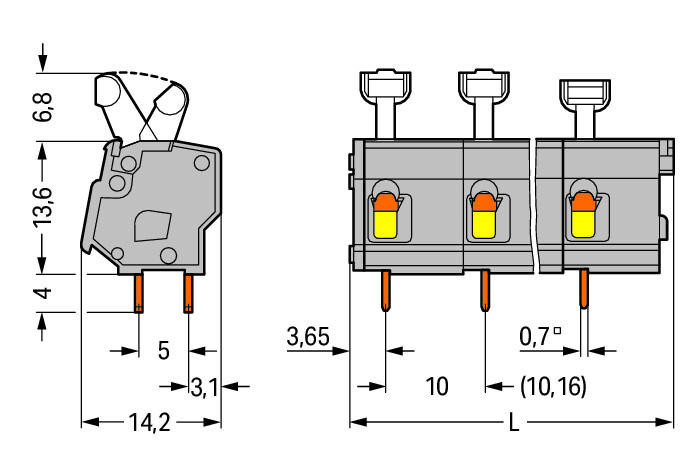 PCB terminal block; push-button; 2.5 mm; Pin spacing 10/10.16 mm; 6-pole; suitable for Ex-e applications; CAGE CLAMP®; commoning option; 2,50 mm; light gray Wago 257-606/000-009/999-950 Клеммные колодки с зажимами CAGE CLAMP®, монтаж с помощью нажимных кнопокУстановите шаг контактов в мм или дюймах либо сжав клеммные колодки плотнее, либо разделяя ихИдеальны для монтажа в полевых условиях благодаря простоте использования при помощи нажимных кнопокУдобный монтаж без использования инструментов...