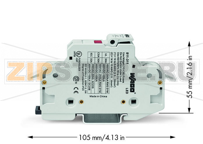 2-conductor fuse holder   ; for cylindrical fuses 10 x 38 mm; 13/32" x 11/2"; 1-pole; with blown fuse indication; 600 VAC/VDC; for DIN-rail 35 x 15 and 35 x 7.5; 16 mm; CAGE CLAMP®; 16,00 mm; light gray Wago 811-311 
