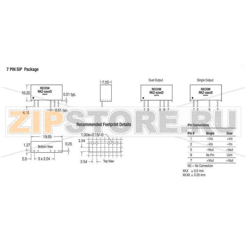 Преобразователь DC/DC, печатный монтаж, 5 В/DC, -5 В/DC, 200 mA Recom RKZ-0505D 