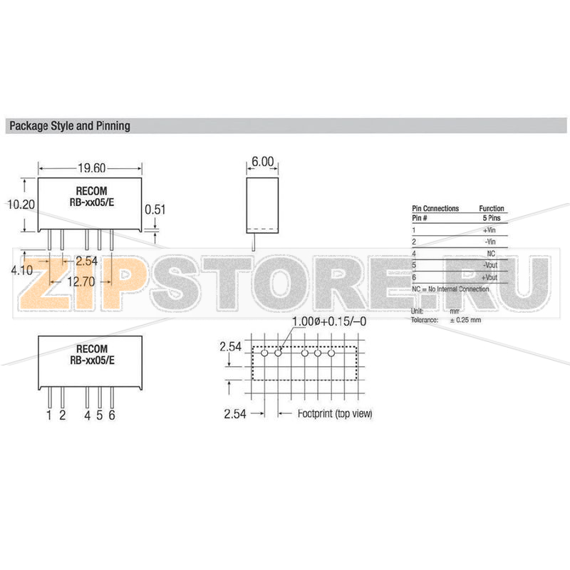 Преобразователь DC/DC, печатный монтаж, 5 В/DC, 200 mA, 1 Вт Recom RB-0505S/E 
