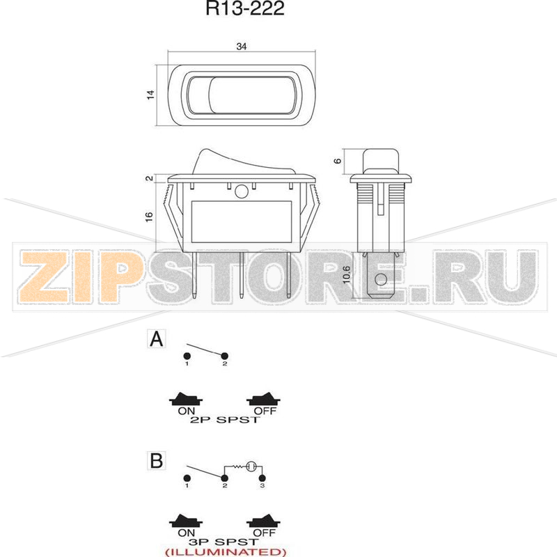 Переключатель клавишный 250 В/AC, 10 А, 1 x выкл/вкл, 1 шт SCI R13-222B-01 B/G 