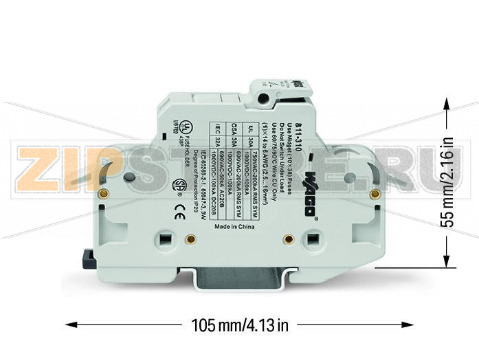 2-conductor fuse holder   ; for cylindrical fuses 10 x 38 mm; 13/32" x 11/2"; 1-pole; without blown fuse indication; 750 VAC/ 1000 VDC; for DIN-rail 35 x 15 and 35 x 7.5; 16 mm; CAGE CLAMP®; 16,00 mm; light gray Wago 811-310 