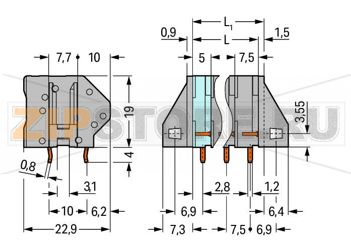 Клемма на печатную плату; 4 mm; Шаг контактов 7,5 мм; 9-пол.; CAGE CLAMP®; опция объединения; 4,00 mm; серые Wago 745-159 Клеммные колодки с соединением CAGE CLAMP®, монтаж проводников при помощи отверткиТакже доступны с аттестацией Ex eГребешковые перемычки для объединения и распределения потенциаловИндивидуальные сочетания цветовДвойные выводы по пайку для высокого уровня механической стабильностиОбеспечивают экономию места благодаря расположению клеммных колодок одна за другойИнтегрированный диагностический отводМаркировочные пазы для миниатюрных маркеров WSB...