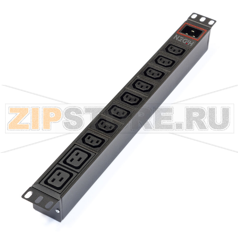 Блок розеток однофазный 16 A, горизонтальный 19", 8 розеток C13, 2 розетки C19 Hiden H1R-8A2B-16-Y 