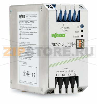 Switched-mode power supply; Eco; 3-phase; 24 VDC output voltage; 10 A output current; DC OK contact Wago 787-740 Пригодны для оборудования с классом защиты IЕстественное конвекционное охлаждение при горизонтальной установкеЗаключены в кожух для использования в распределительных шкафахБыстрое подсоединение с помощью приводимых в действие рычагом клемм без использования инструментовКонтакт пост.ток O.K.Параллельная работаЭлектрически изолированное выходное напряжение (безопасное низковольтное напряжение) согласно EN 60950-1/UL 60950-1...