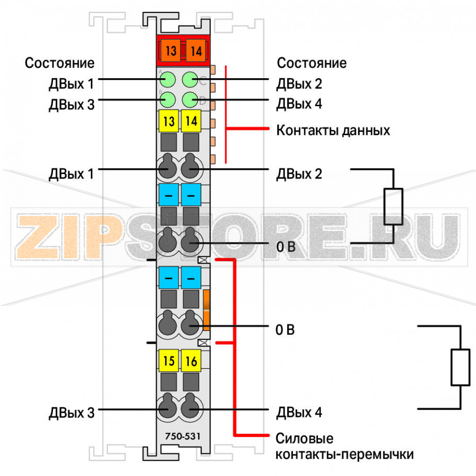 4-канальный дискретный выход; тока; 0,5 А; 2-проводное соединение; светло-серые Wago 750-531 