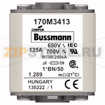 Предохранитель, 125 A, AC 690 В, size 1, 45x59x51 мм, aR, IEC UL, M8 Eaton FUSE 125A 690V 1*BN 