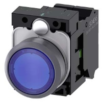 КНОПКА С ПОДСВЕТКОЙ, 22MM, КРУГЛАЯ,  ПЛАСТИК С МЕТАЛЛИЧЕСКИМ ФРОНТАЛЬНЫМ КОЛЬЦОМ, СИНЯЯ, ПЛОСКАЯ КНОПКА, КОНТАКТЫ МГНОВЕННОГО ДЕЙСТВИЯ, С ДЕРЖАТЕЛЕМ, 1NO, МОДУЛЬ ПОДСВЕТКИ С ИНТЕГРИРОВАННЫМ СВЕТОДИОДОМ 24V AC/DC, ПРУЖИННЫЕ КЛЕММЫ, С ГРАВИРОВКОЙ ЛАЗЕРОМ, S