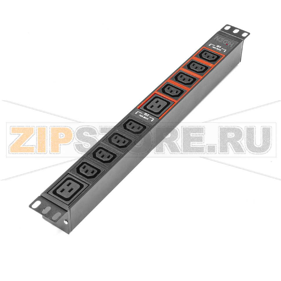 Блок розеток однофазный 32 A, горизонтальный 19", 8 розеток C13, 2 розетки C19 Hiden H1R-8A2B-32-T 