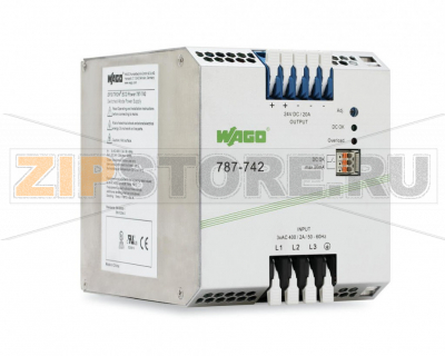 Switched-mode power supply; Eco; 3-phase; 24 VDC output voltage; 20 A output current; DC OK contact Wago 787-742 Пригодны для оборудования с классом защиты IЕстественное конвекционное охлаждение при горизонтальной установкеЗаключены в кожух для использования в распределительных шкафахБыстрое подсоединение с помощью приводимых в действие рычагом клемм без использования инструментовКонтакт пост.ток O.K.Параллельная работаЭлектрически изолированное выходное напряжение (безопасное низковольтное напряжение) согласно EN 60950-1/UL 60950-1...