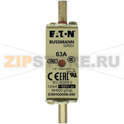Предохранитель, 63 A, AC 690 В, 120 кА, NH000, gL/gG, IEC Eaton NH FUSE 63AMP 690V SIZE 000 GG MGL 