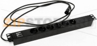 Hyperline SHE19-6SH-2.5IEC Блок розеток для 19" шкафов, горизонтальный, 6 розеток Schuko (10A), 250В, кабель питания 3х1.0мм2, длина 2.5 м, с вилкой IEC 320 C14, 482.6x44.4x44.4мм (ДхШхВ)