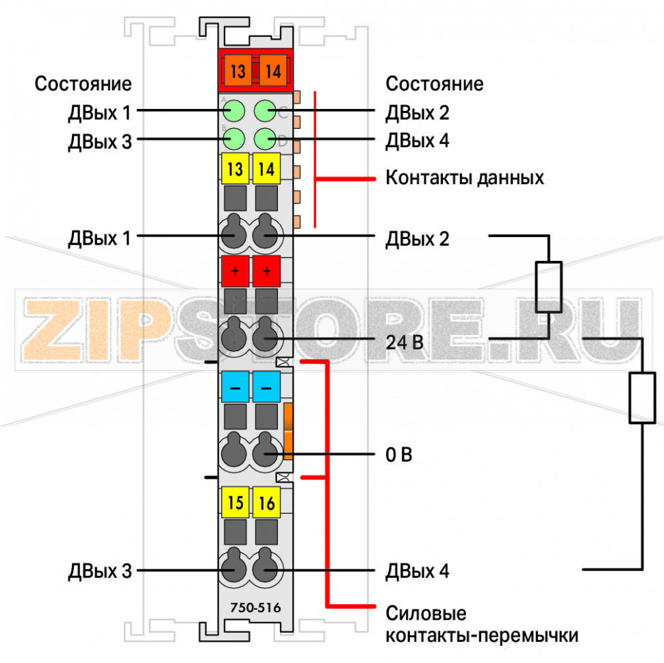 4-канальный дискретный выход; тока; 0,5 А; Включение по низкому уровню; светло-серые Wago 750-516 