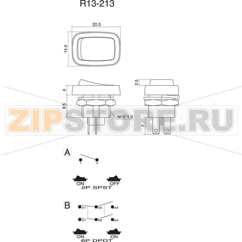 Переключатель клавишный 250 В/AC, 3 А, 2 x вкл/вкл, 1 шт SCI R13-213B-03 